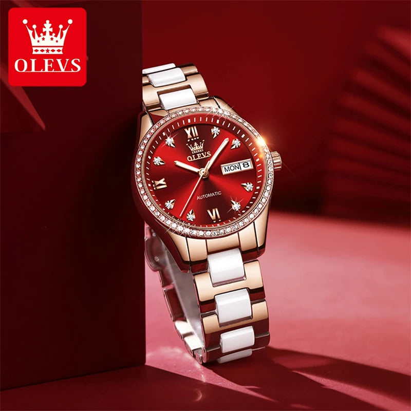 OLEVS Fashion Women Mechanical Watches Luxury Diamond Ceramic Strap Waterproof Luminous Week Calendar Automatic Watch For Women