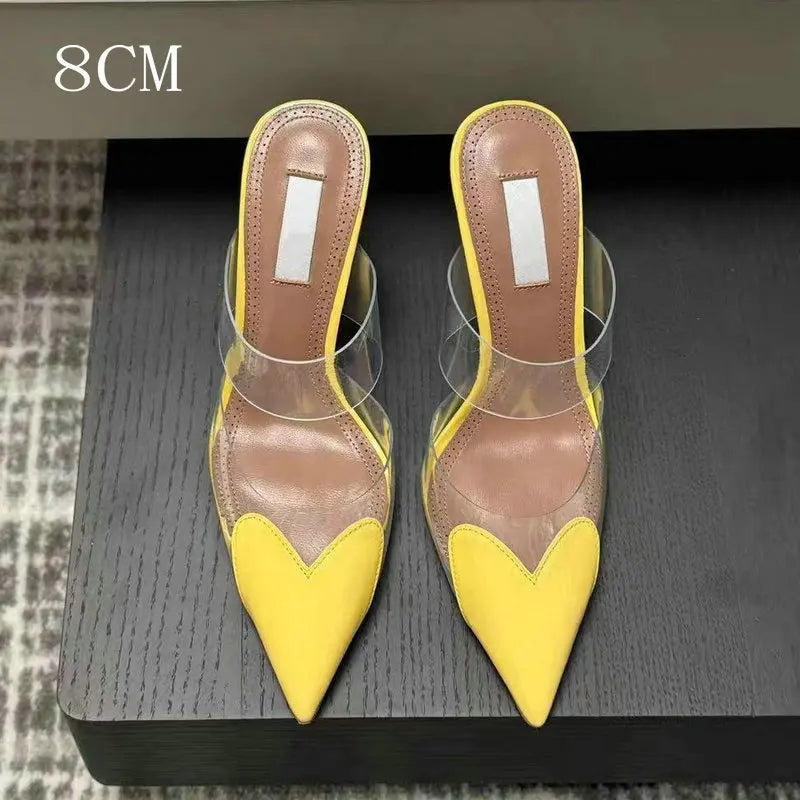 2025 Colorful Heart-Shaped Transparent Sexy Patchwork Color Sandals Women'S Half-Toe Pointed Toe Slippers 6cm/8cm/10cm
