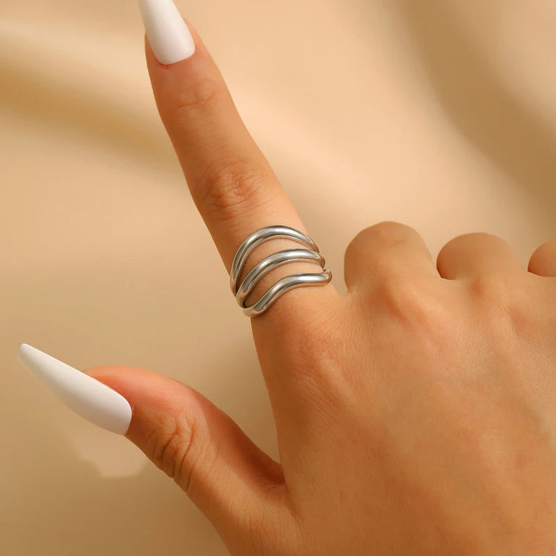Stainless Steel Multi-Layer Wave Open Bracelet Rings Set for Women Simple Metal Twisted Lines Hand Chain Fashion Banquet Jewelry