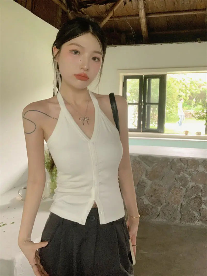 Sexy Spicy Girl Pure Color Design V-Ne Hanging Ne Vest Women's Summer Slim ort Matched with Chest Pad Top