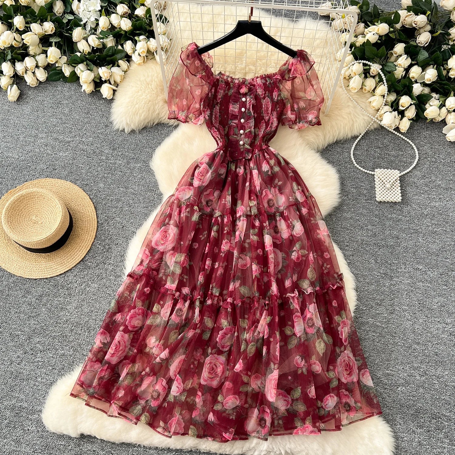 Retro Floral Chiffon Dr Women's Waist Cinched One oulder Bubble Sve Me Skirt Commute Korean Sle High Waist A-Line...