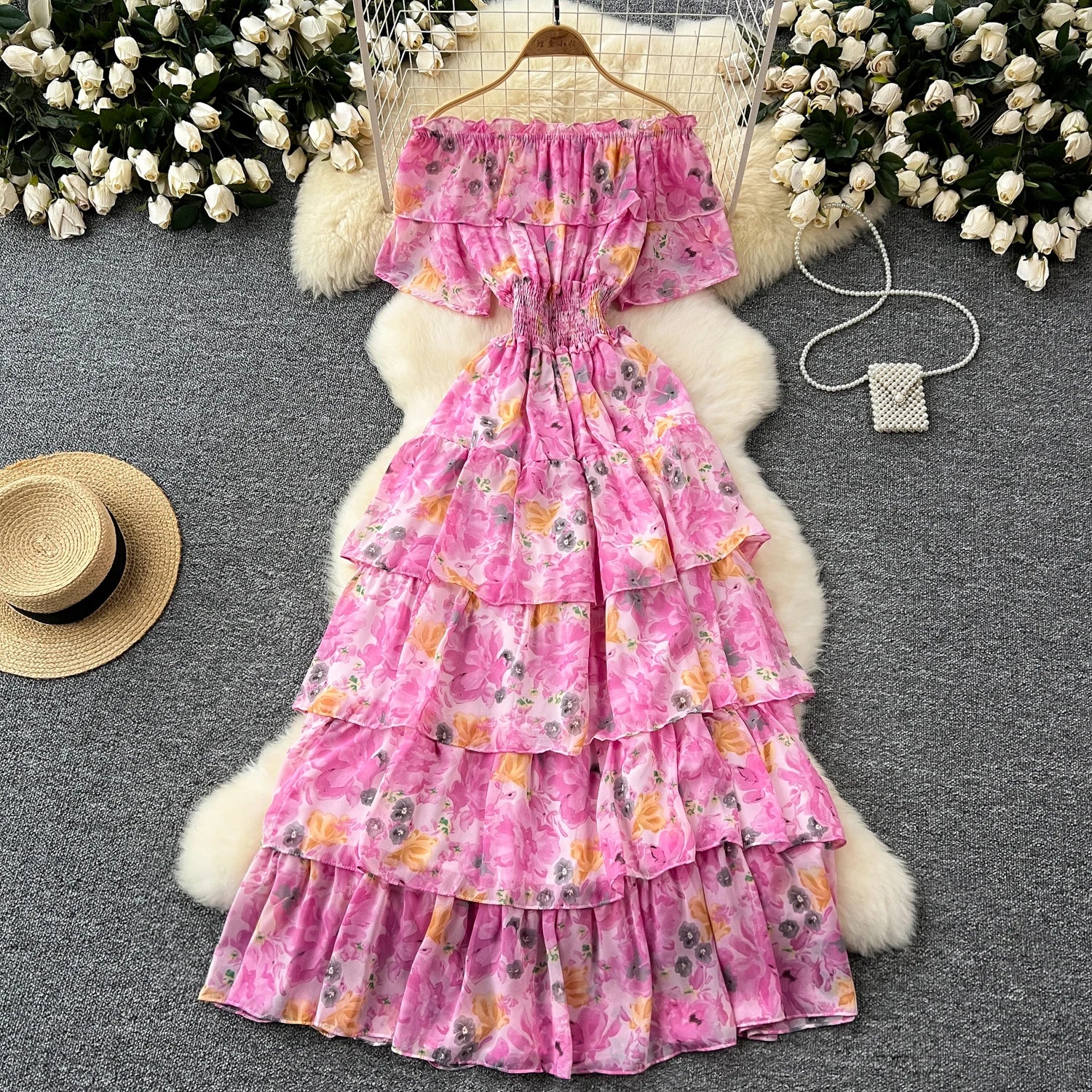 French Vintage Off Shoulder Short Sleeve Ruffle Tiered Long Dresses Chic Casual Beach Vacation Women Summer Chiffon Clothing