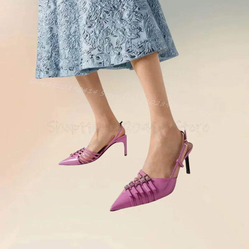 Pink Buckle Decor Hollow Cut Heel Pointed Toe Pumps Buckle Strap Women Shoes Thin High Heels Fashion 2025 Zapatos Para Mujere