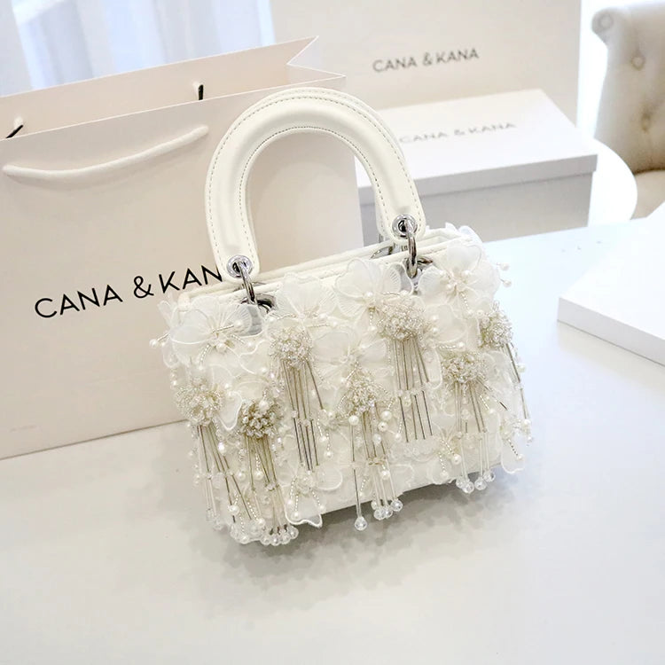 Sea Fairy Tassel Flower Bag 2024 Summer New Shoulder Crossbody All Western Style White Women's Bag Princess Bag Cute Banquet Bag