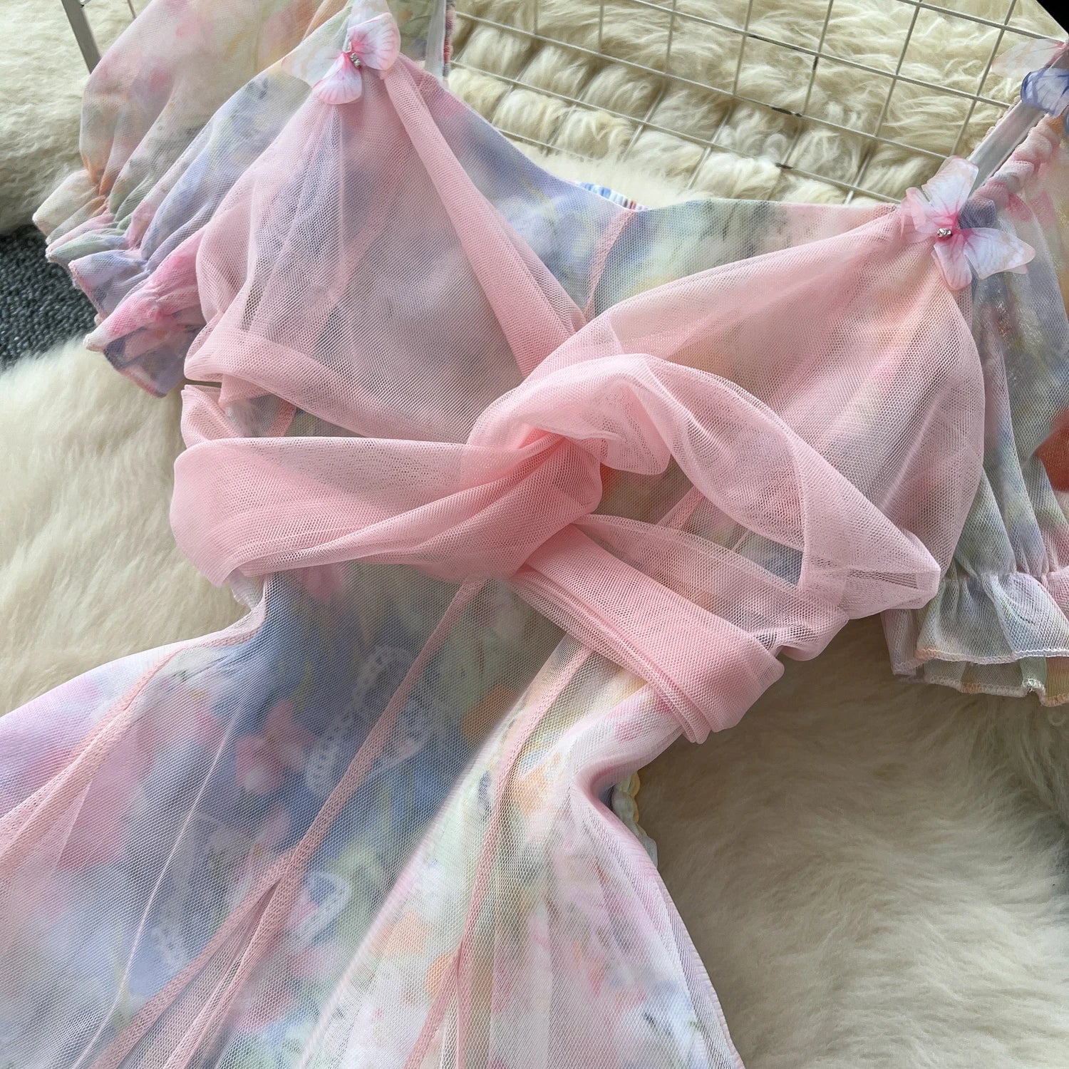 2025 French Fairycore 3D Butterfly Chic Dress Spaghetti Strap Sleeveless Print Design Summer Fashion Vacation Mesh Long Dress