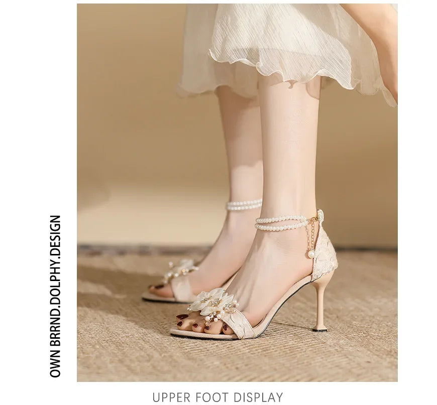 Small Size 31 32 33-43 Women Peep Toe Sandals Wedding Heels Wide Fat Feet Shoes for Women Pearl Flower Bridal Shoes Zaptos Mujer