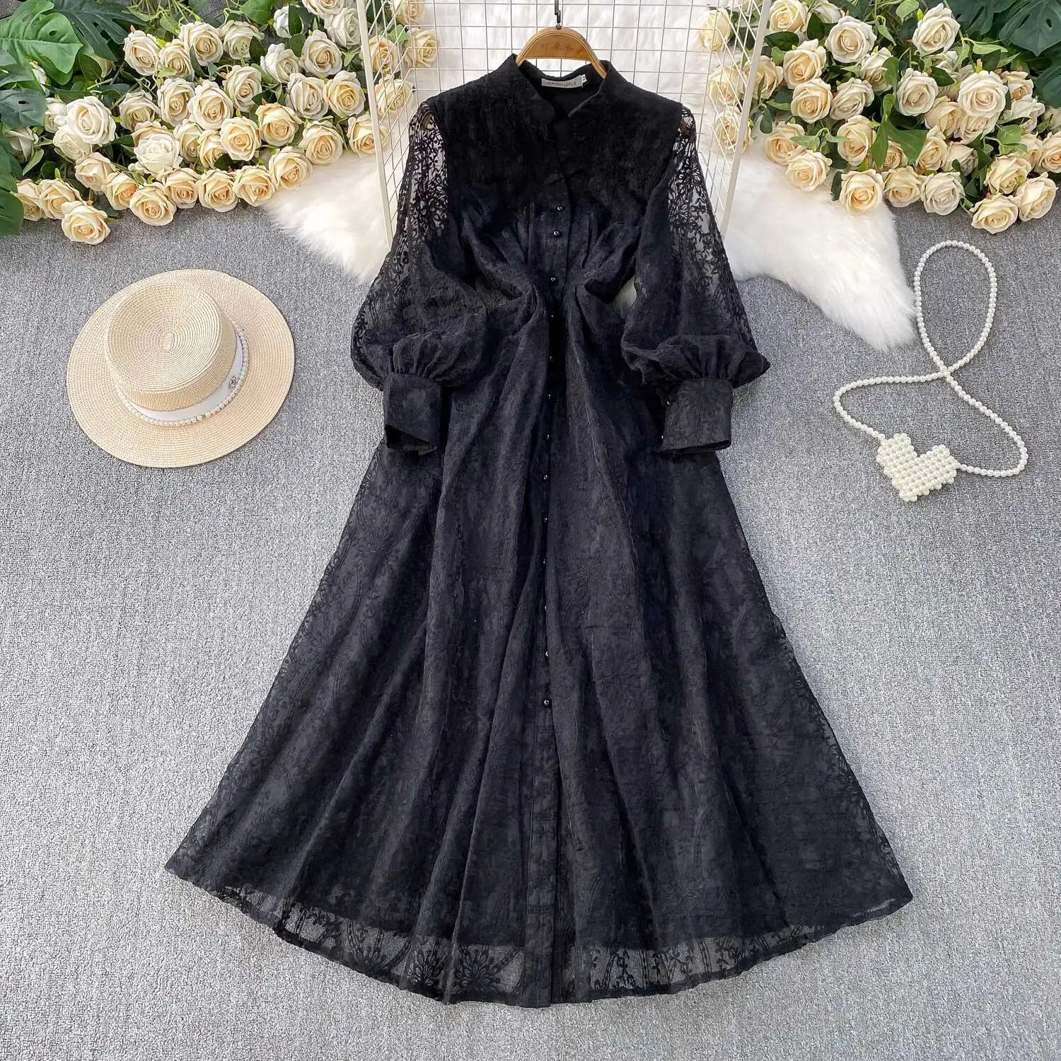 Autumn Embroidery Formal Evening Luxury Dress For Women Long Sleeve Crochet Lace Summer Dresses Single Breasted Party Vestidos