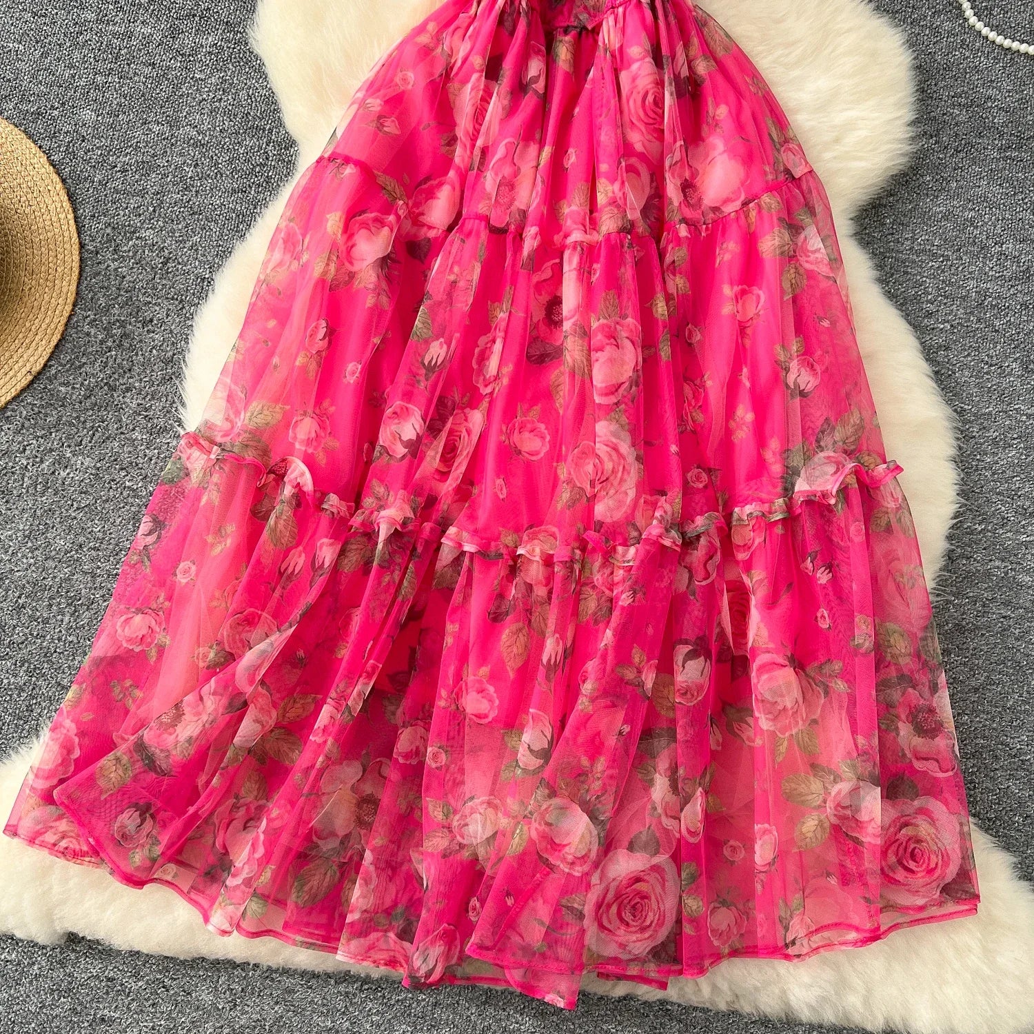 Retro Floral Chiffon Dr Women's Waist Cinched One oulder Bubble Sve Me Skirt Commute Korean Sle High Waist A-Line...