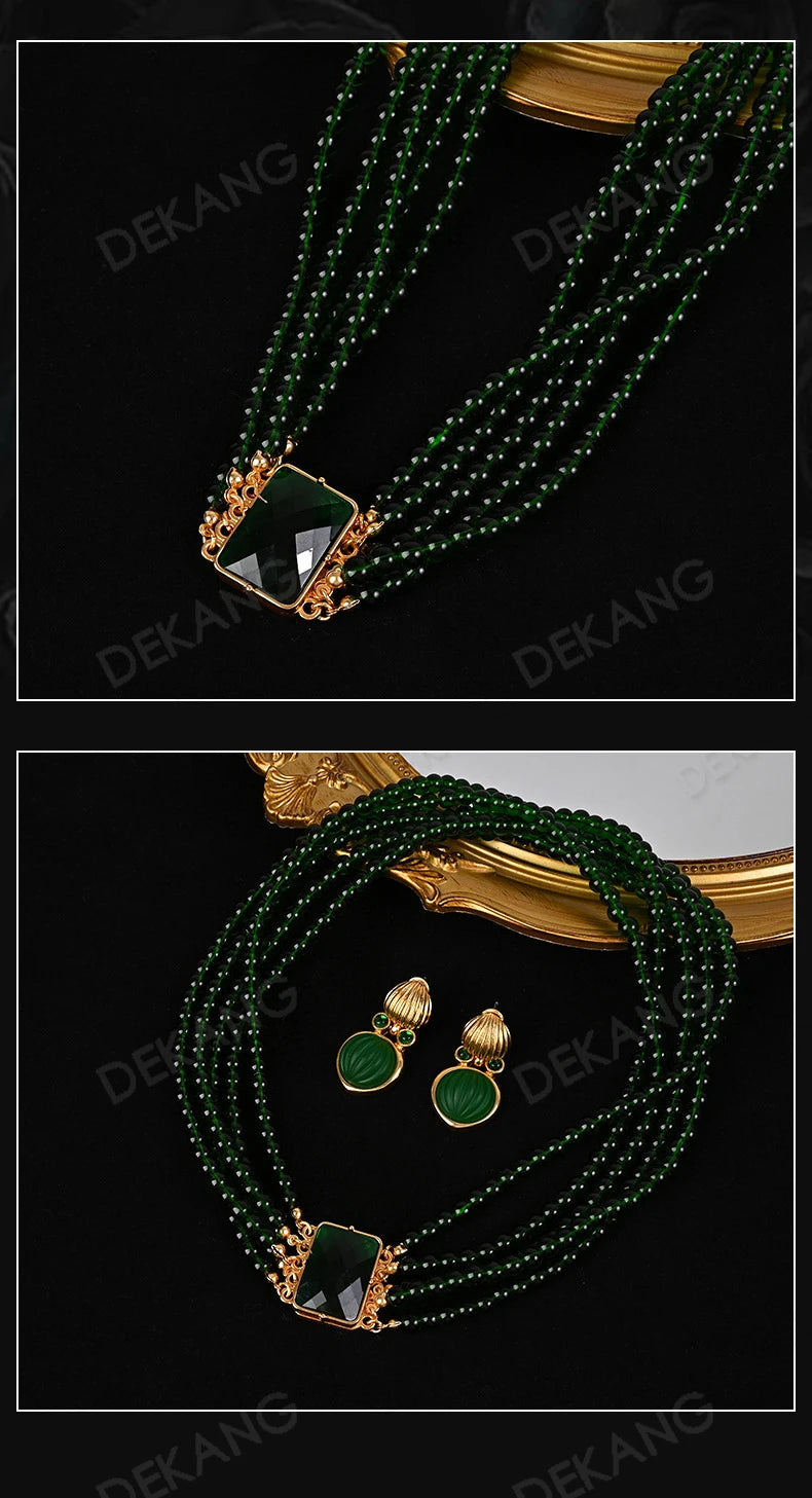 Exaggerated Green Crystal And Glass Multi-Layered Wearing Set Necklace Earrings