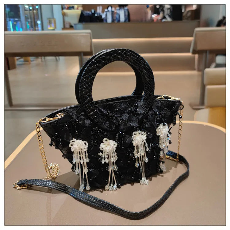 Tassel Flower Ita Bag Women New Shoulder Crossbody Sac A Main Lace Women's Bag Bucket Female Leather Handbag