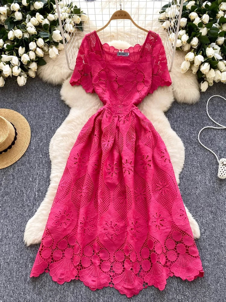 France Elegant Fashion Slim Evening Dress Women Hollow Out Lace Crochet Party Dress Female Casual Chic High End Clothing New