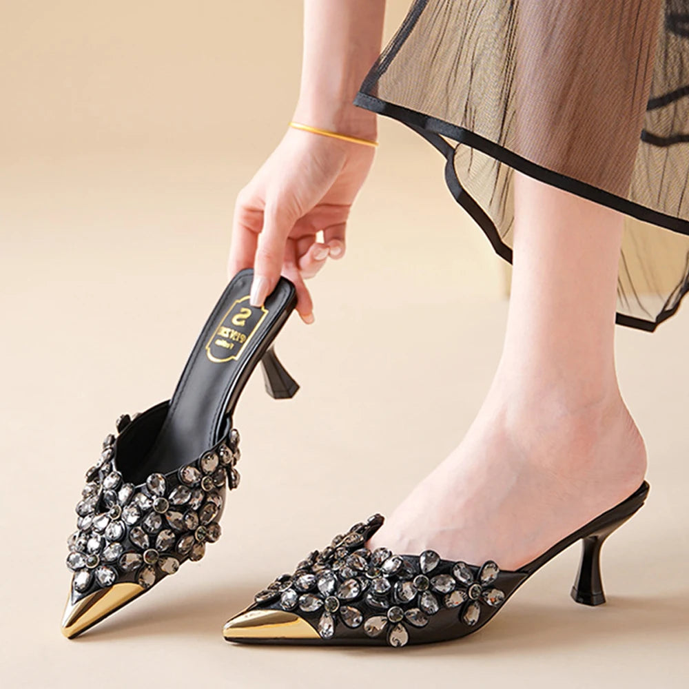 Summer Women High Heel Shoes Plus Size Fashion Rhinestone Women Slippers Point Toe Heel Half Slippers Designer Sexy Party Shoes