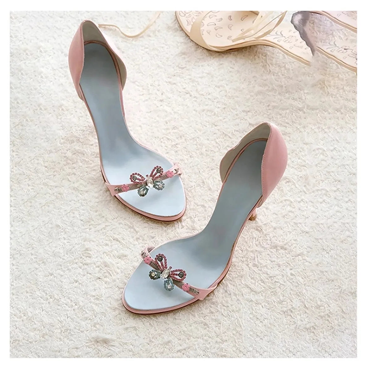 Open Toe Slender Upper Flower Sandals Butterflies Decor Shallow Stiletto High Heels Slip On Cover Heel Sexy Women Pumps