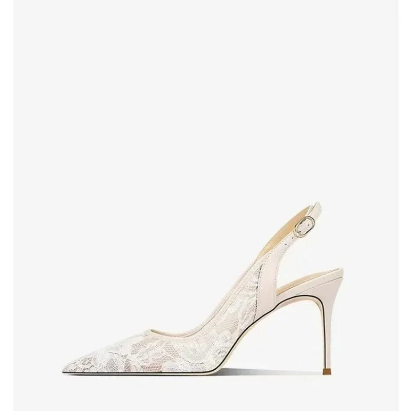 2024 Women's Shoes Lace High Heels Sexy Party Pumps Pointed Toe Buckle Strap Thin Heel Slingbacks Sandal