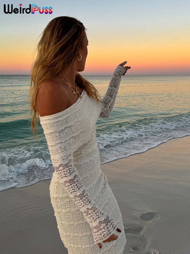 Weird Puss Jacquard Vacation Dress Women Lapel Slash Neck Backless See Through Full Sleeve Beach Party Elegant Chic Long Bodycon