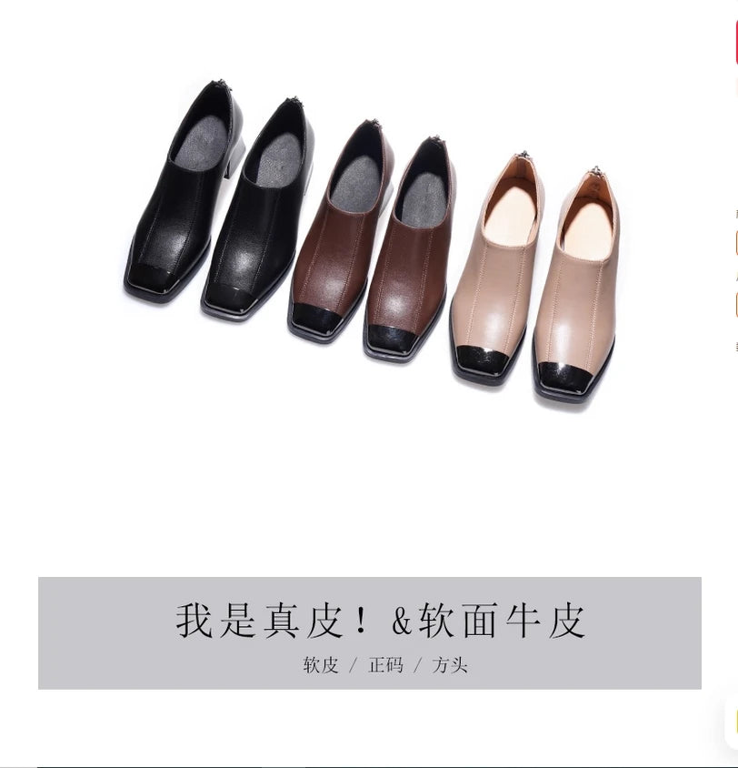 Deep mouth single shoe women's thick heel genuine leather middle heel women's soft leather soft sole square toe leather shoes