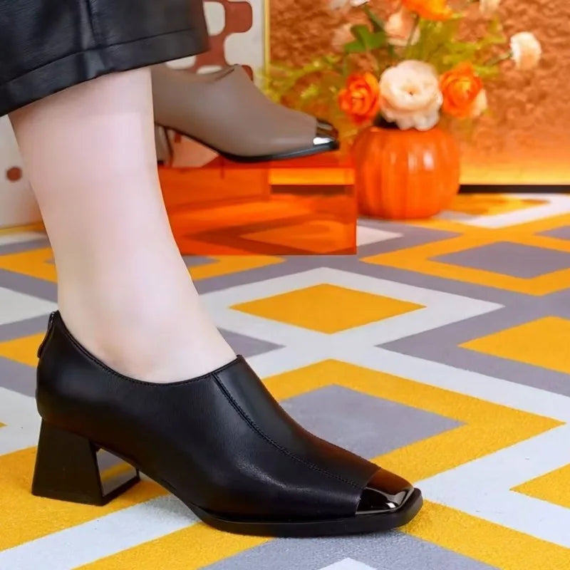 British Style Women's High Heels Woman Dress Shoes Round Toe Ladies Leather Shoes Diamond Decor Office Commute Comfortable Pumps