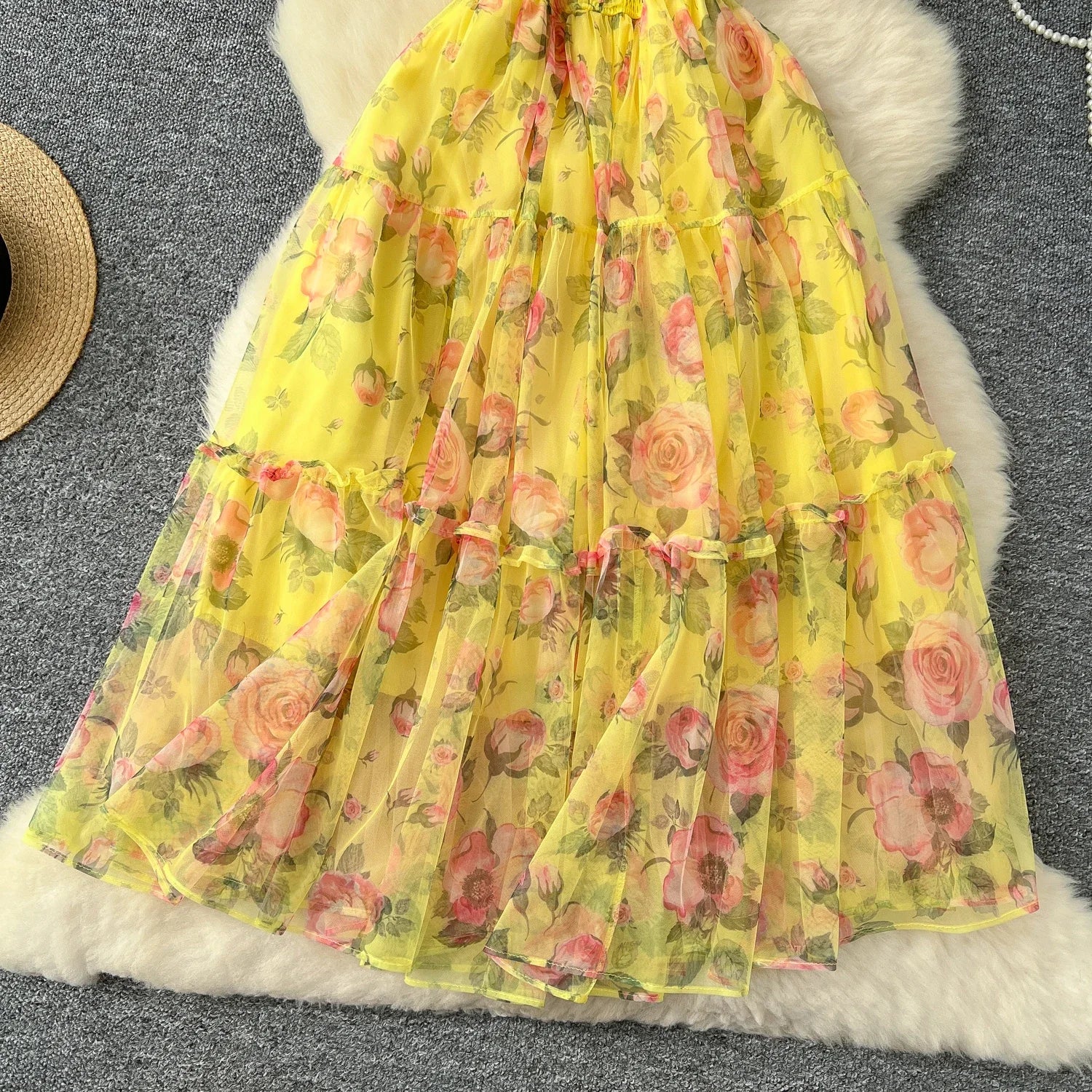 Retro Floral Chiffon Dr Women's Waist Cinched One oulder Bubble Sve Me Skirt Commute Korean Sle High Waist A-Line...