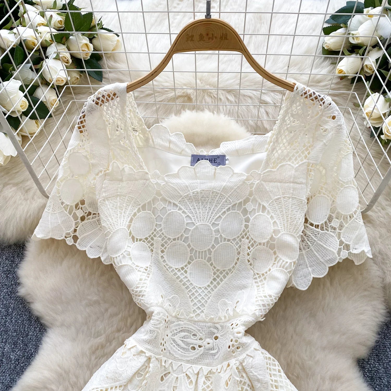 France Elegant Fashion Slim Evening Dress Women Hollow Out Lace Crochet Party Dress Female Casual Chic High End Clothing New