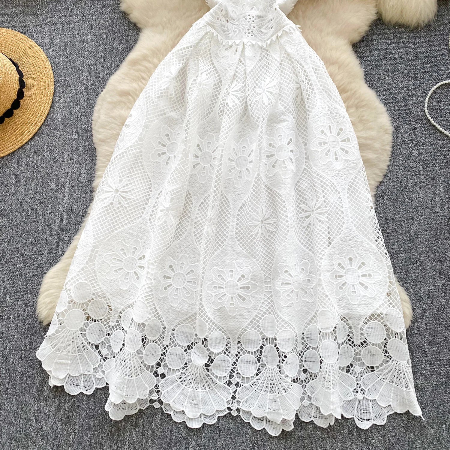 France Elegant Fashion Slim Evening Dress Women Hollow Out Lace Crochet Party Dress Female Casual Chic High End Clothing New