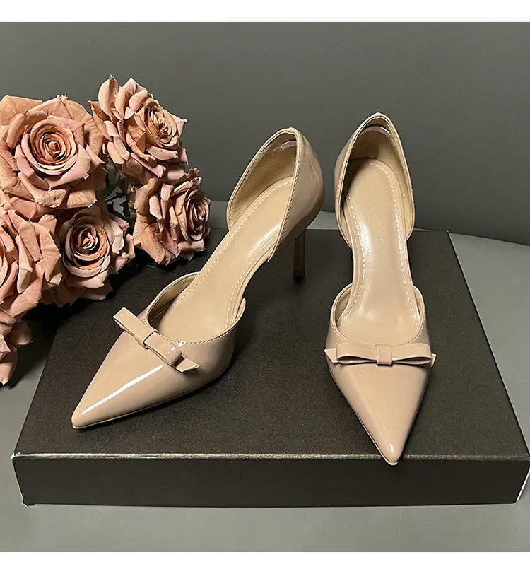New Autumn Patent Leather Nude High Heels Thin Heel Pointed Bow Korean Version Summer Senior Feeling Hollow Female Pumps