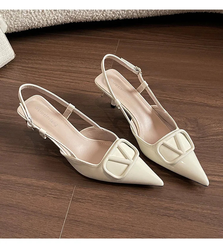 2025 Summer New 41-42 Large Size French Sandals Women's V Buckle Pointed Stilettos, Rear Empty Skirt High Heels