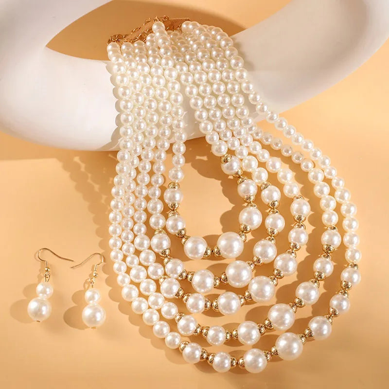 Kymyad Jewelry Sets Simulated Pearl Beads Multilayer Necklace Earrings Set For Women Bijoux Statement Collar Necklace Set