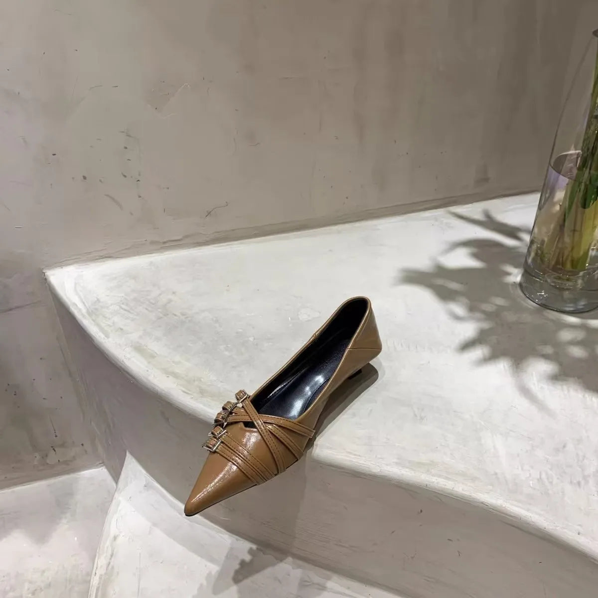 Thin Heeled Square Buckle High Heels for Women 2025 New French Style Shallow Mouth Low Heel Small Leather Shoes