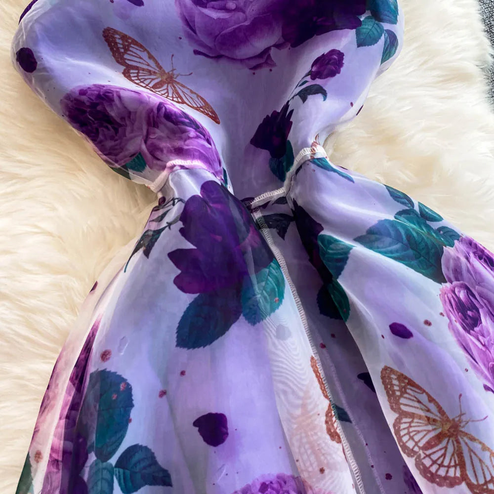 American Chic Maxi Dress for Women Floral Printed Skew Collar Sleeveless Female Dresses A-line Evening Club Vestidos Dropship