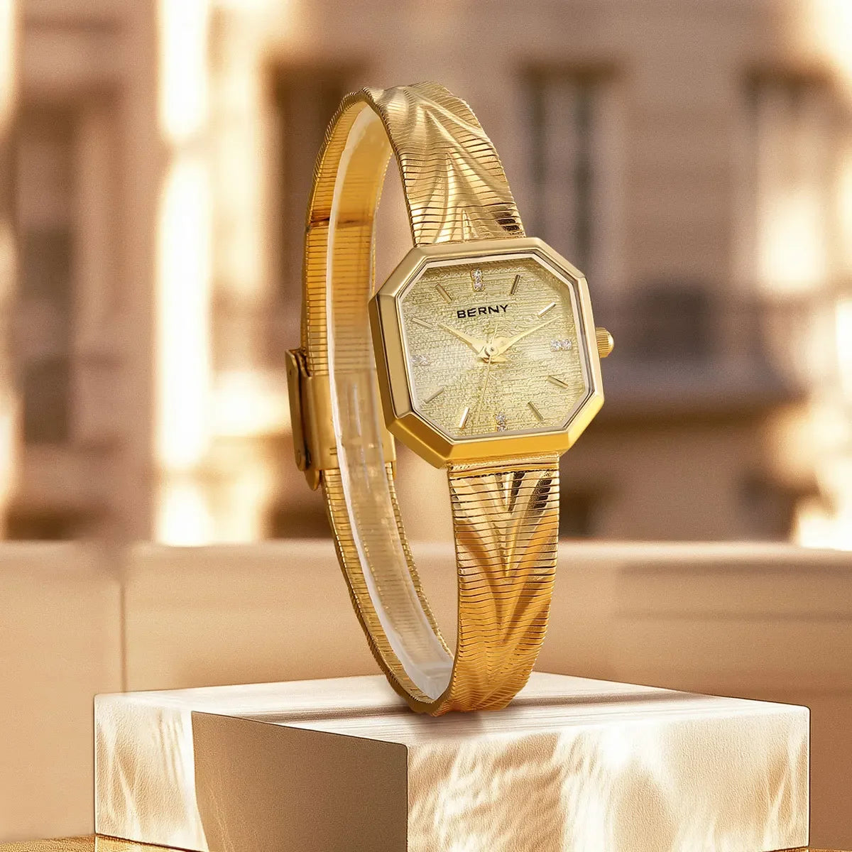 BERNY Gold Watch for Women Grit Dial Octagonal Ladies Quartz Wristwatch Stainless Steel Women Small Golden Watch Luxury Watches