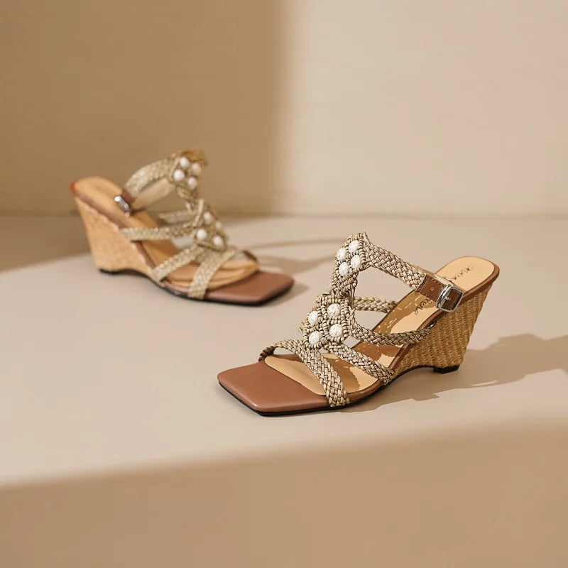 Drestrive 2025 New Arrival Fashion Women's Sandals Square Toe Wedges Weave Buckle Thick High Heels Top Quality Summer Shoes