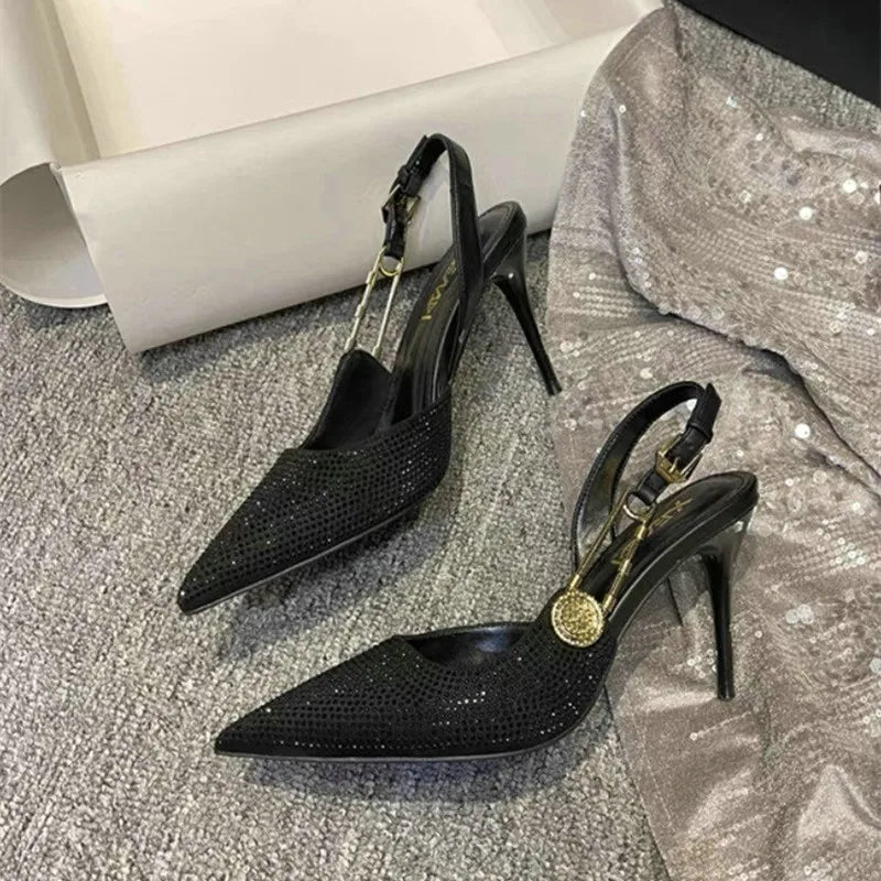 2025 Pointed-Toe Diamond High Heels For Women, Black Tight French Sexy Luxury Hollow Sandals