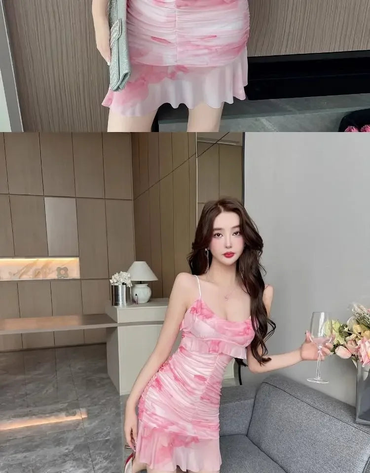 Summer French Pure Sexy Mesh Printed Suspender Dress Waist Pleated Bag