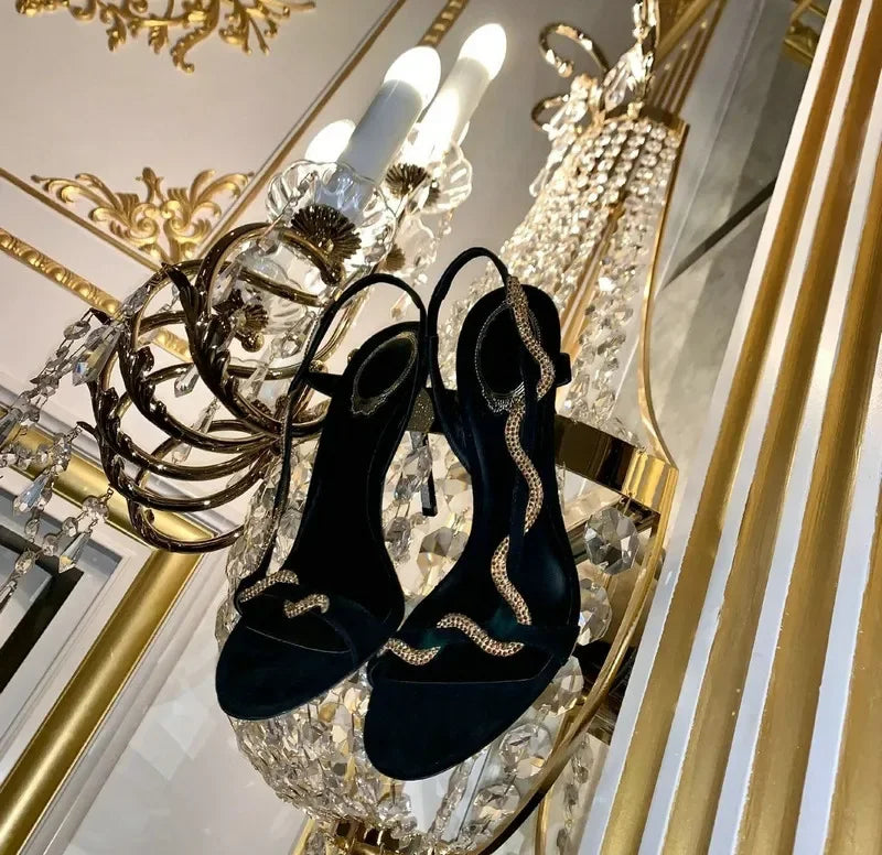 2025 Female New Serpentine Line With Fine Heel French Sandals Female Summer Drill Side Empty Sexy Open-Toed High Heels