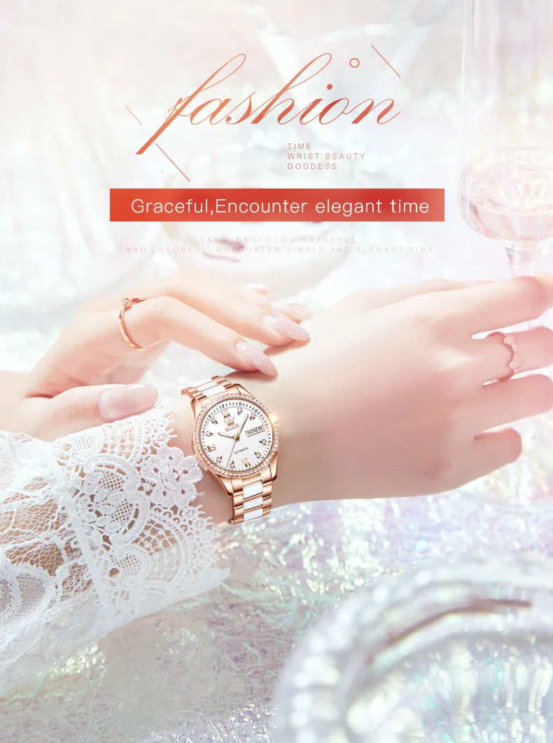 OLEVS Fashion Women Mechanical Watches Luxury Diamond Ceramic Strap Waterproof Luminous Week Calendar Automatic Watch For Women
