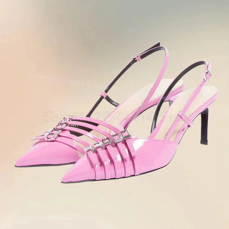 Pink Buckle Decor Hollow Cut Heel Pointed Toe Pumps Buckle Strap Women Shoes Thin High Heels Fashion 2025 Zapatos Para Mujere