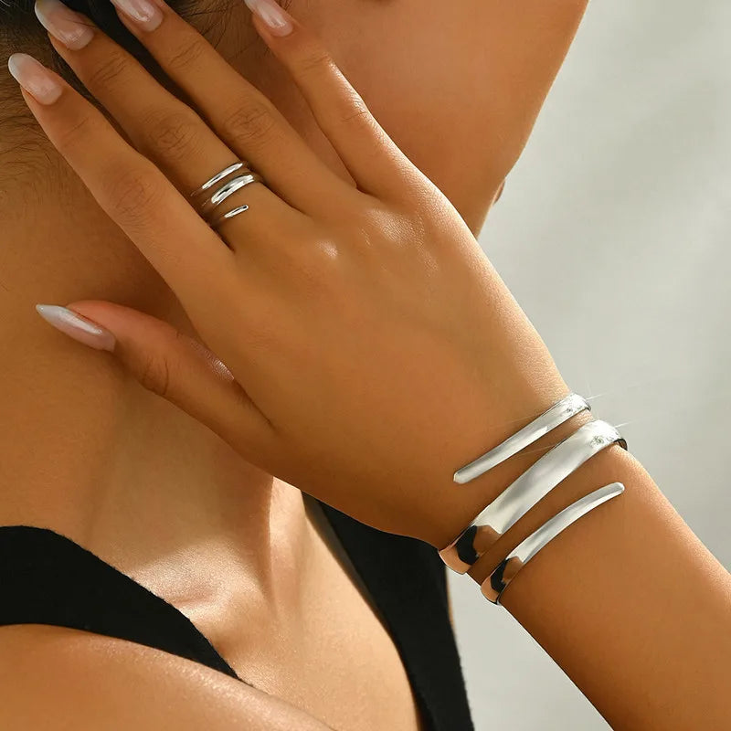 Stainless Steel Water Drop Bangle Ring Set for Women Luxury Geometric Teardrop Open WristCuff Irregular Twisted Bracelet Jewelry