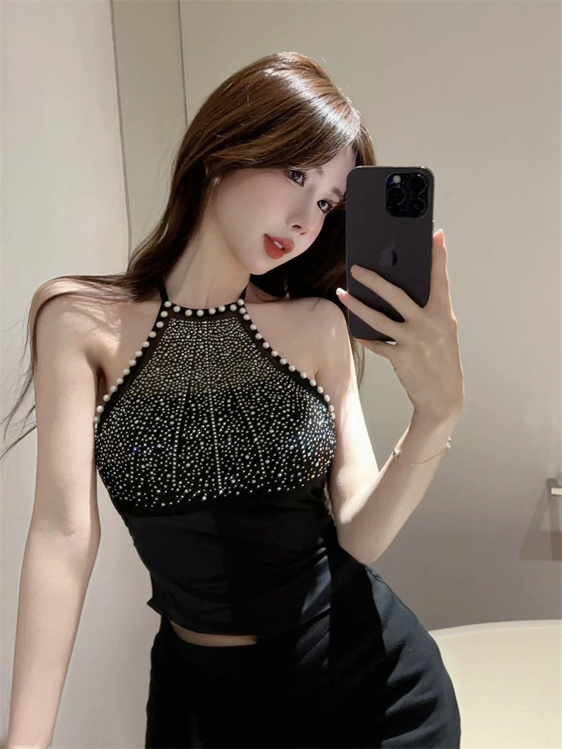 Spring Summer Women Camisole Sleeveless Strapless Backless Camis Vest Slim Sexy Halter Neck Diamond Beaded Tank Tops