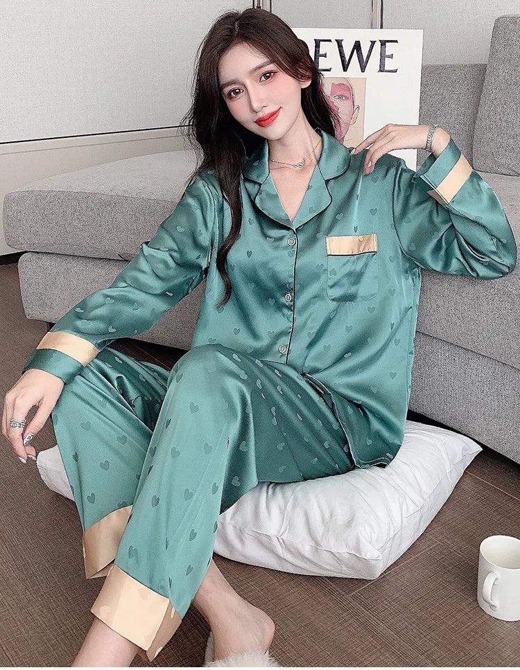 Top Autumn New Ice Silk Women Pajama Lapel Button Cardigan Outfits for Women 2 Piece Set Fashion Printing Set Clothes for Women