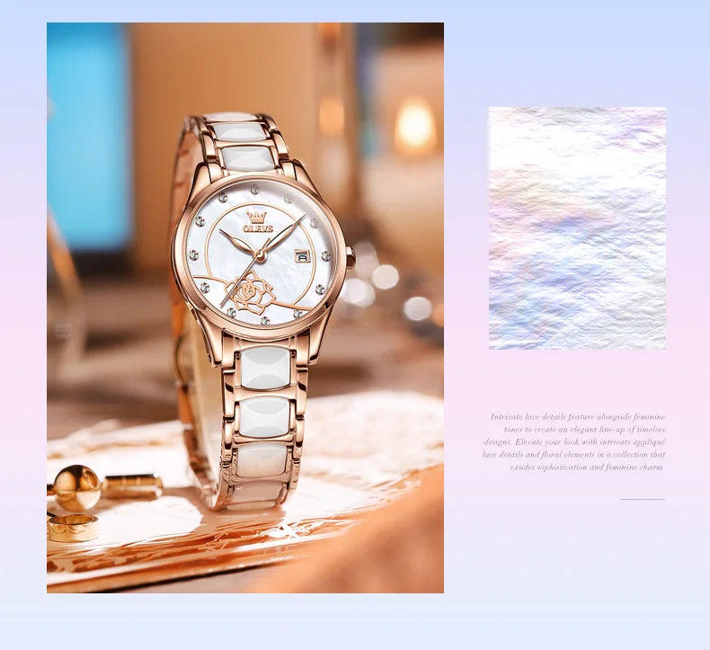 OLEVS 3606 Luxury Women Watch Camellia Quartz Japan Movement 30M Waterproof Watch For Women Ceramics Women Mechanical Watch