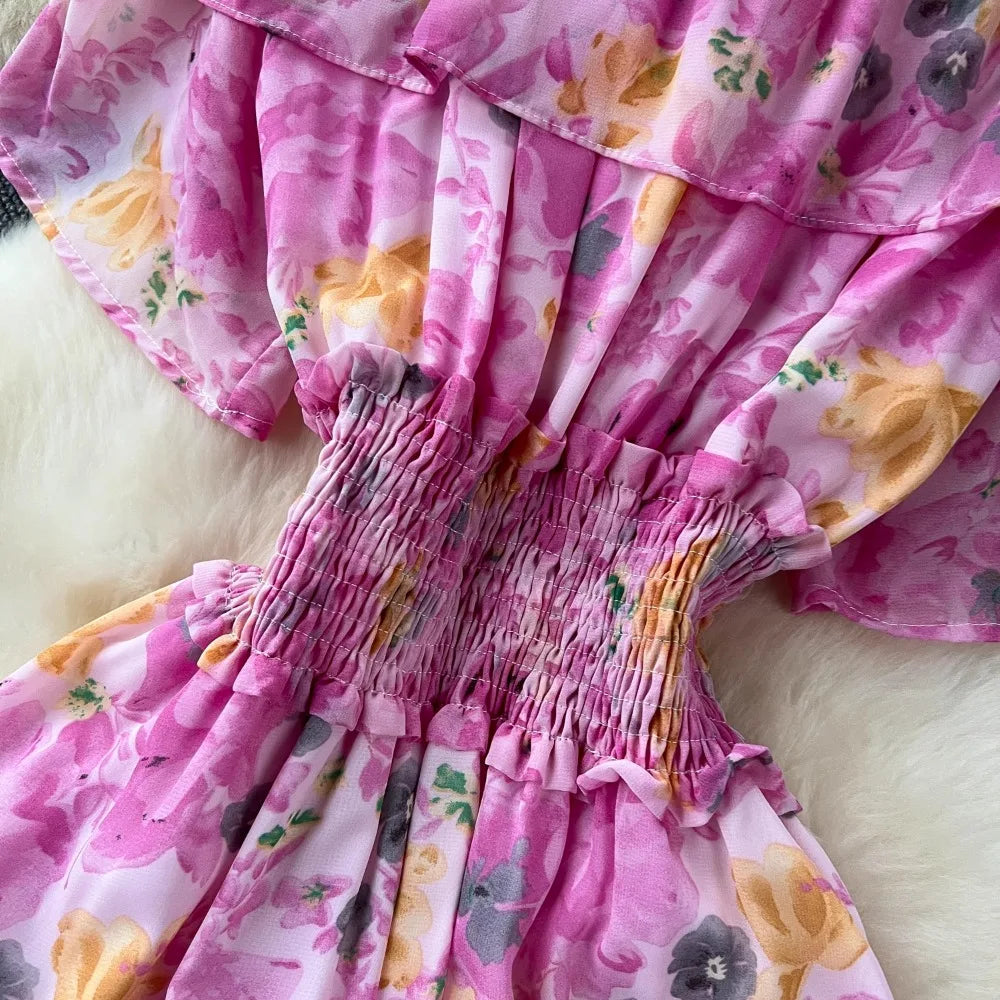 French Vintage Off Shoulder Short Sleeve Ruffle Tiered Long Dresses Chic Casual Beach Vacation Women Summer Chiffon Clothing