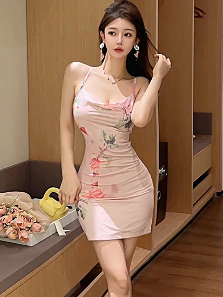 Summer Pink Floral Chic Sling Sexy Club Mini Dress Women Elegant Bodycon Hip Wrap Dress 2025 Korean Fashion Luxury Party Dresses