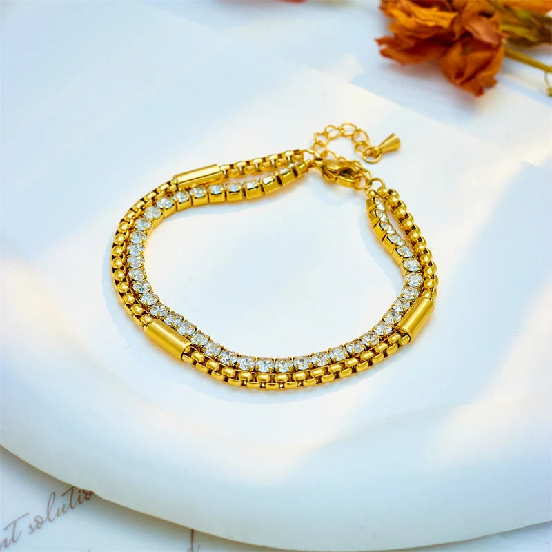 DIEYURO 316L Stainless Steel White Sparkling Zircon 2in1 Chains Bracelet For Women Fashion Girls Wrist Jewelry Gifts Pulsera