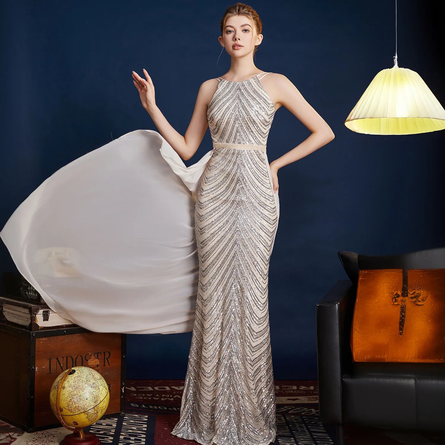 Chic High Sleeveless Sexy Backless Beading Sequined Mermaid Formal Evening Dresses Birthday Party Prom Gowns Elegant Luxury