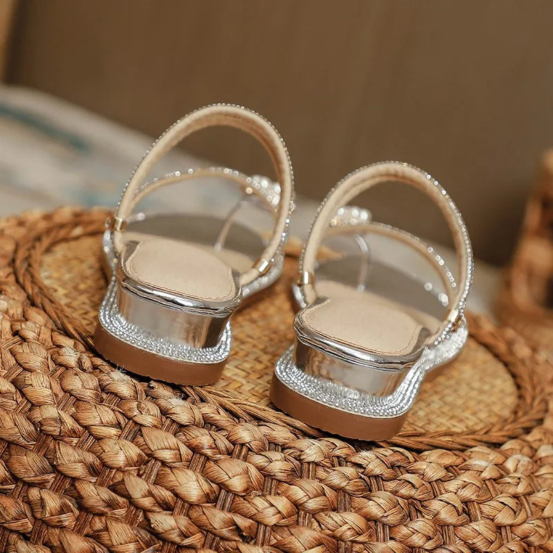 Rhinestone Fashion Sandals 2024 New Wedge Silver Sexy Women Summer Sandals Transparent Slippers