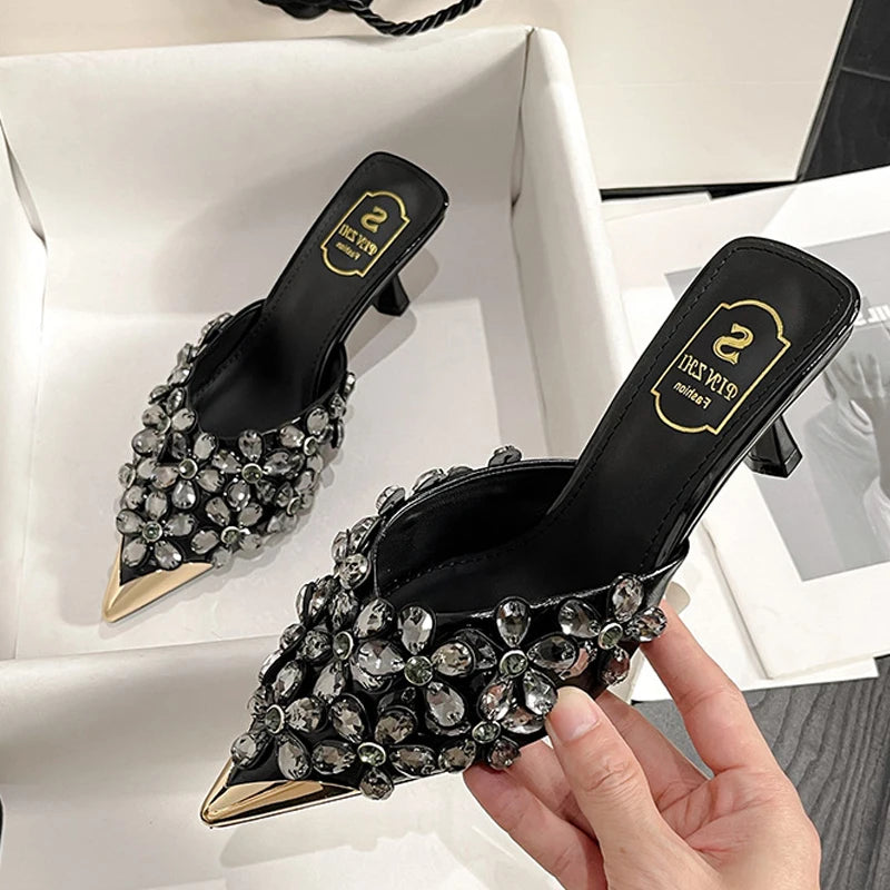 Summer Women High Heel Shoes Plus Size Fashion Rhinestone Women Slippers Point Toe Heel Half Slippers Designer Sexy Party Shoes