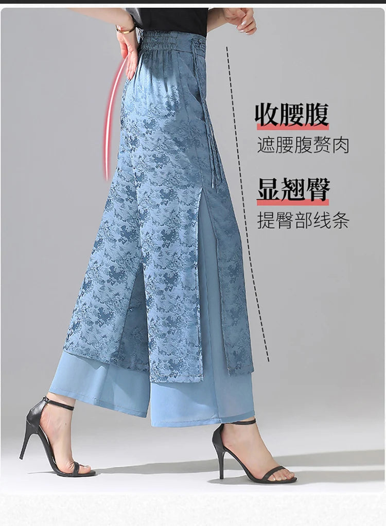 Chiffon Wide Wide Trousers Female Elegant Vintage New Pants Summer Thin Split Loose Skirt Pants Women Black Green