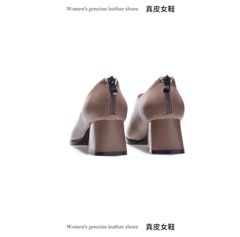 Deep mouth single shoe women's thick heel genuine leather middle heel women's soft leather soft sole square toe leather shoes