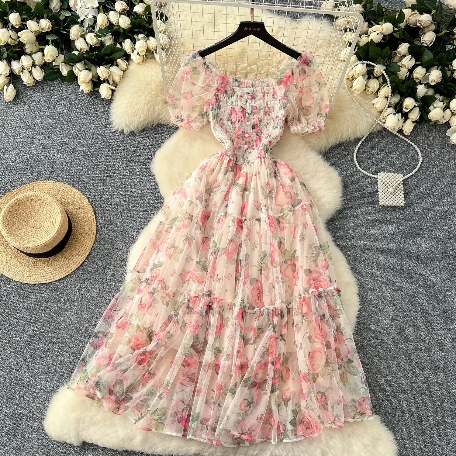 Retro Floral Chiffon Dr Women's Waist Cinched One oulder Bubble Sve Me Skirt Commute Korean Sle High Waist A-Line...