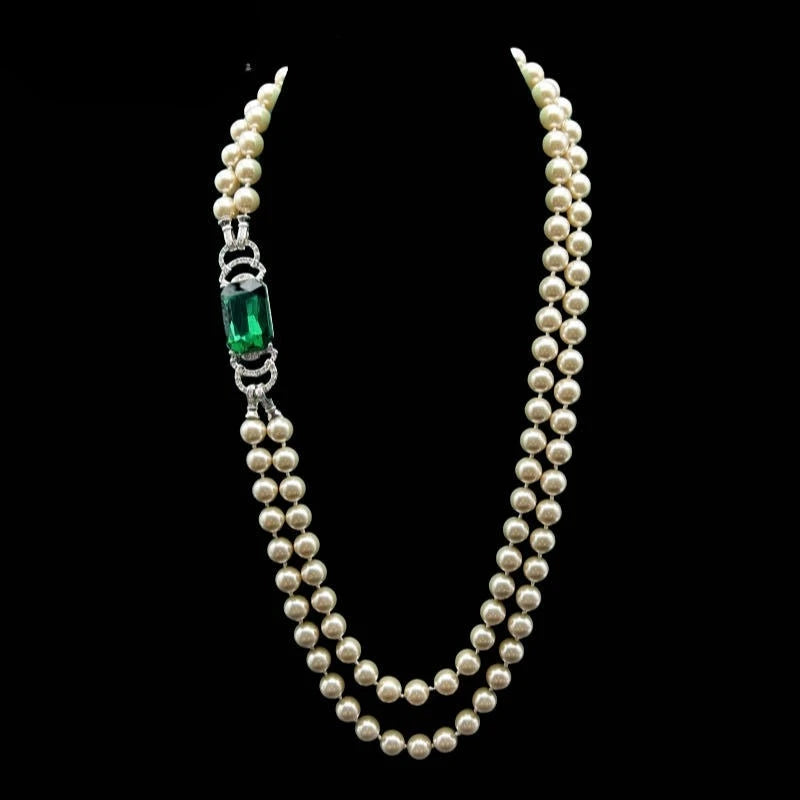European and American New Retro Elegant Gorgeous Court Temperament Champagne Versatile Emerald Pearl Stud Earrings Necklace Set